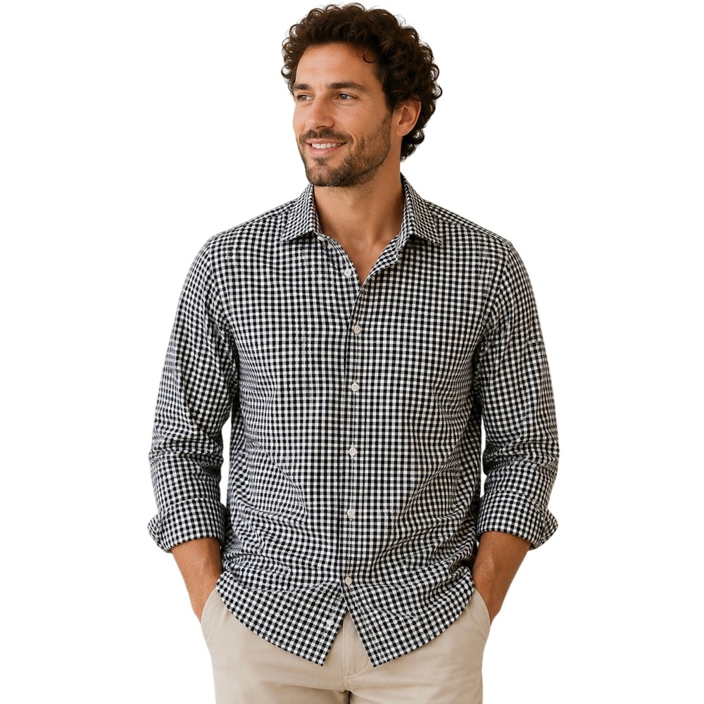 Psycho Bunny Mens Black White Gingham Modern Fit Stretch Shirt LARGE